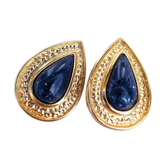 Vintage Avon Clip on Earrings Blue Cabochon Tear Drop Gold Tone‎ Statement Piece - Picture 1 of 7